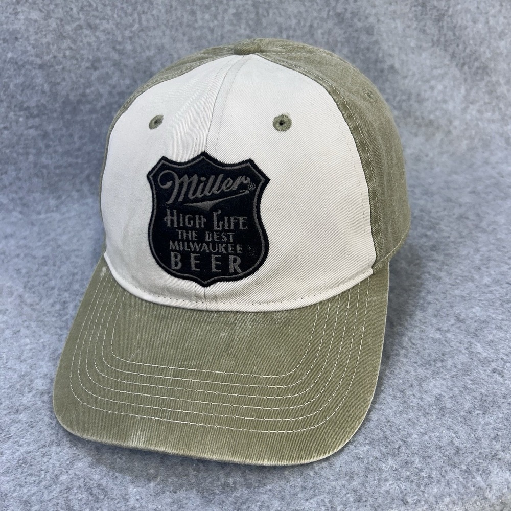 Miller High Life Beer Hat Cap Strapback Olive Green Cream Logo Patch Adjustable